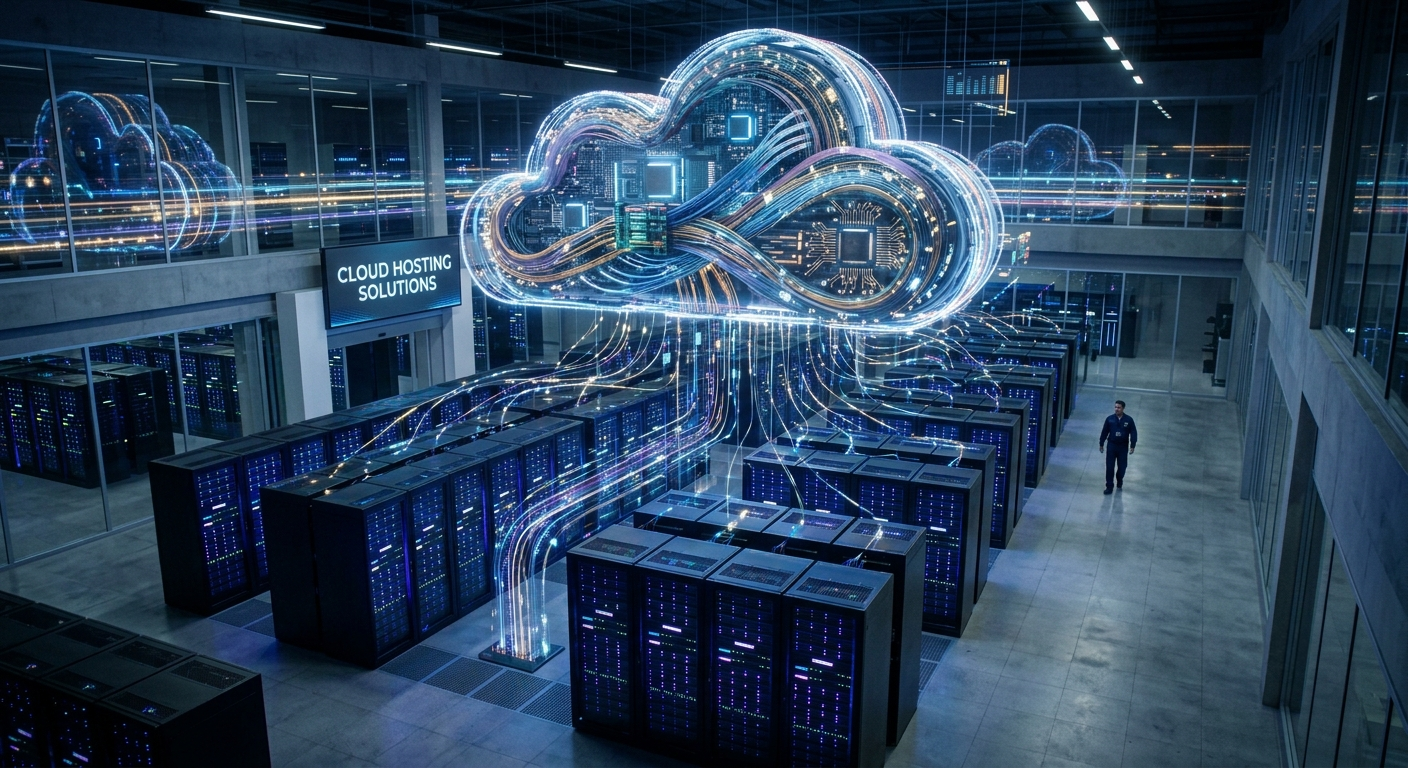 Fully managed cloud data center. Rows of servers, symbolizing scalable IT solutions. Technician ensures smooth operation. Blue & white color scheme for a modern feel.