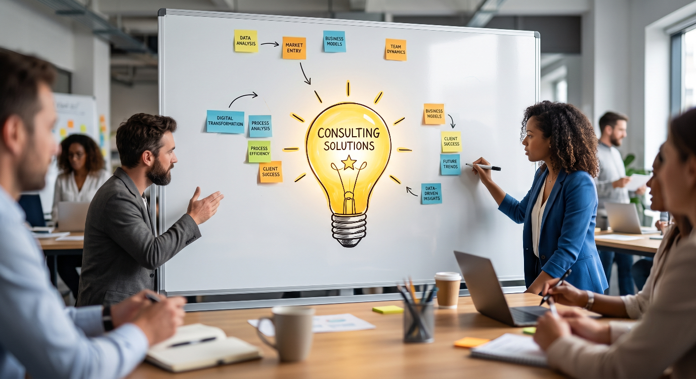 Consulting Solutions & Business Strategy:** A whiteboard visualizes strategic planning, featuring a lightbulb symbolizing innovation and sticky notes outlining key concepts like data analysis & market entry. A meeting of experts analyzes these solutions! #Consulting #BusinessStrategy #Innovation #DataAnalysis