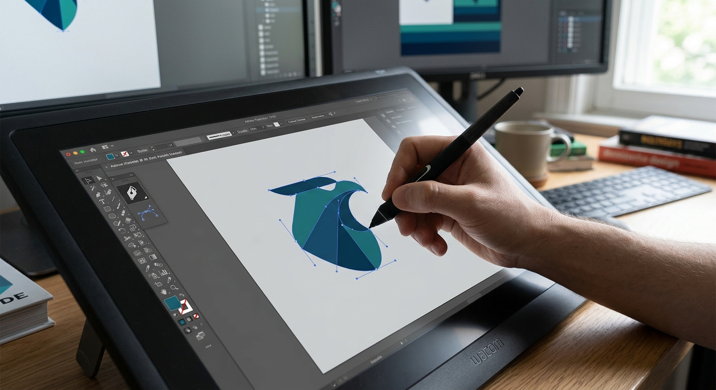 Creative workflow: Person drawing an abstract design on a digital canvas with a Wacom tablet. Background includes multiple monitors & a coffee mug, showcasing a modern artist's setup. #digitalpainting #wacomtablet #abstractdesign #creativeprocess #artstation