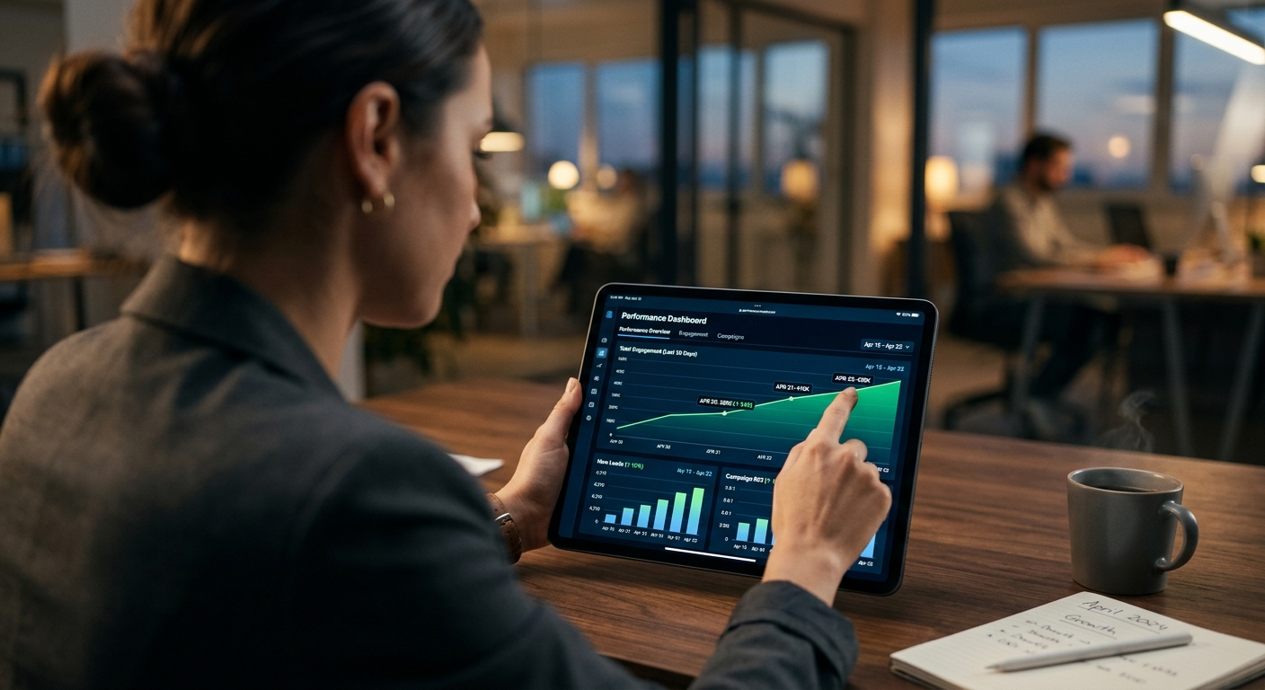 Woman in suit looks at a tablet displaying a performance dashboard with a green upward-trending graph and bar charts. A mug and notepad are nearby.