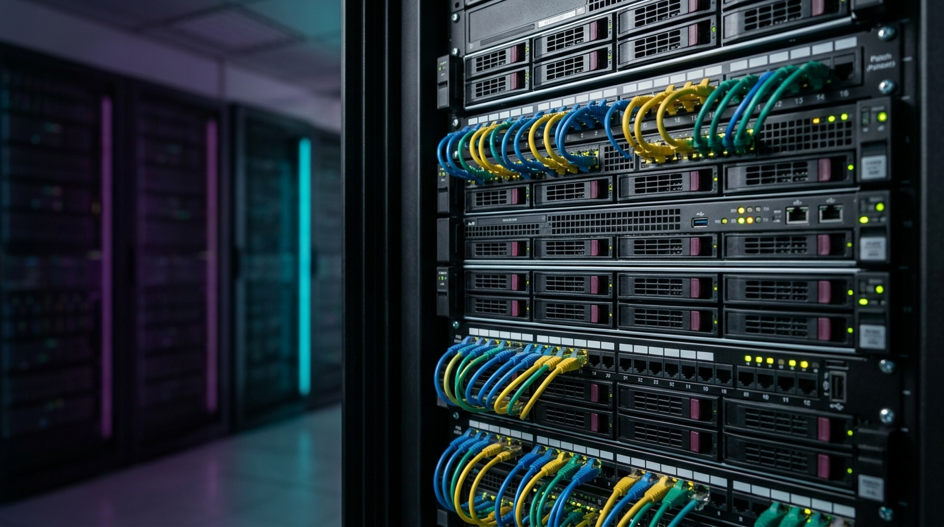 Rows of black server racks with blinking lights, yellow and blue Ethernet cables, and multiple computer servers. Representing 24/7 Uptime