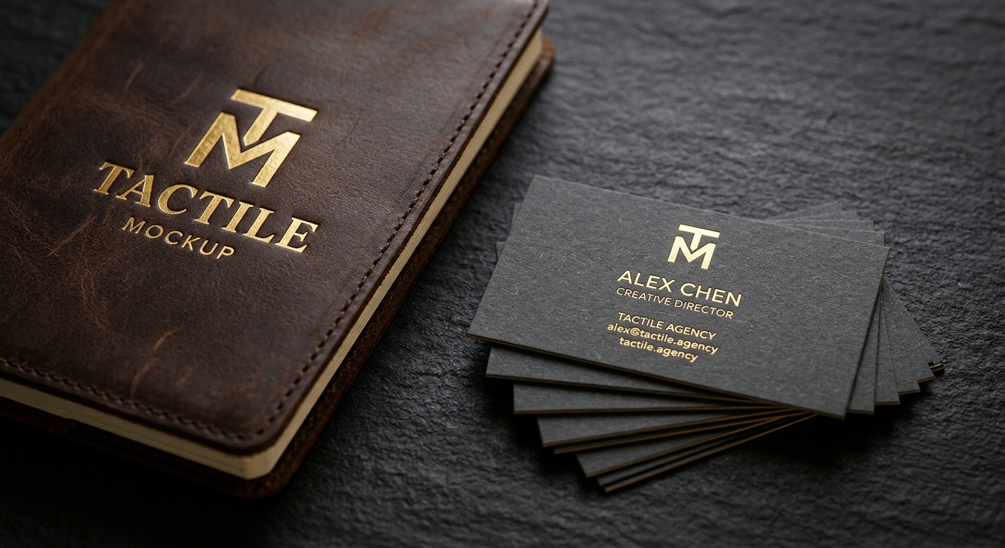 Brown leather notebook with gold "M" logo and "TACTILE MOCKUP" text. Dark gray business cards stacked beside the notebook.