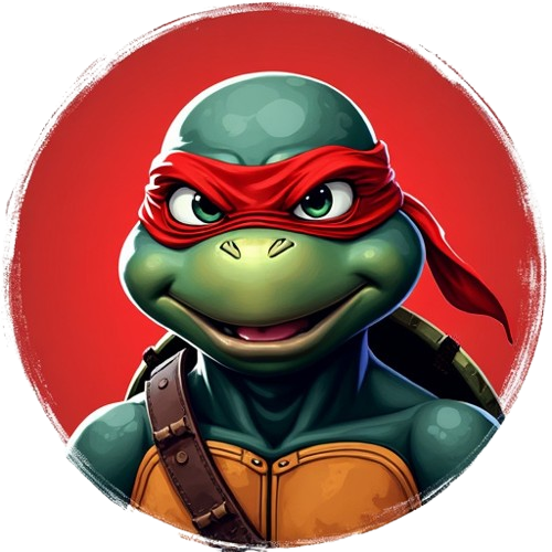 Green Teenage Mutant Ninja Turtle with a red bandana, brown belt, and orange shell. He has large green eyes and a smiling expression, positioned in a circular frame against a red background.