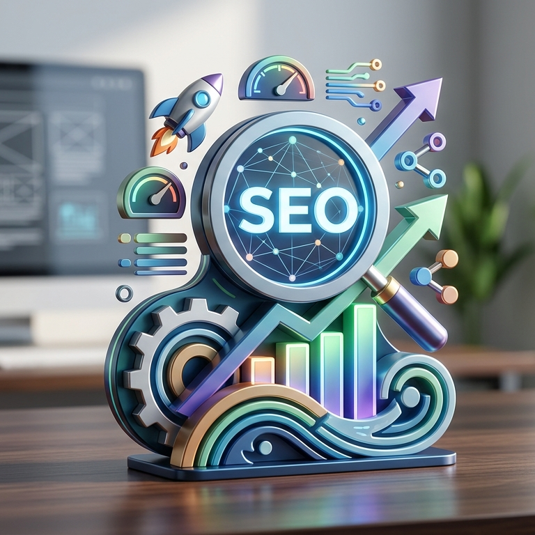 Desk with a colorful, stylized SEO magnifying glass. A computer monitor displaying web design elements is in the background.