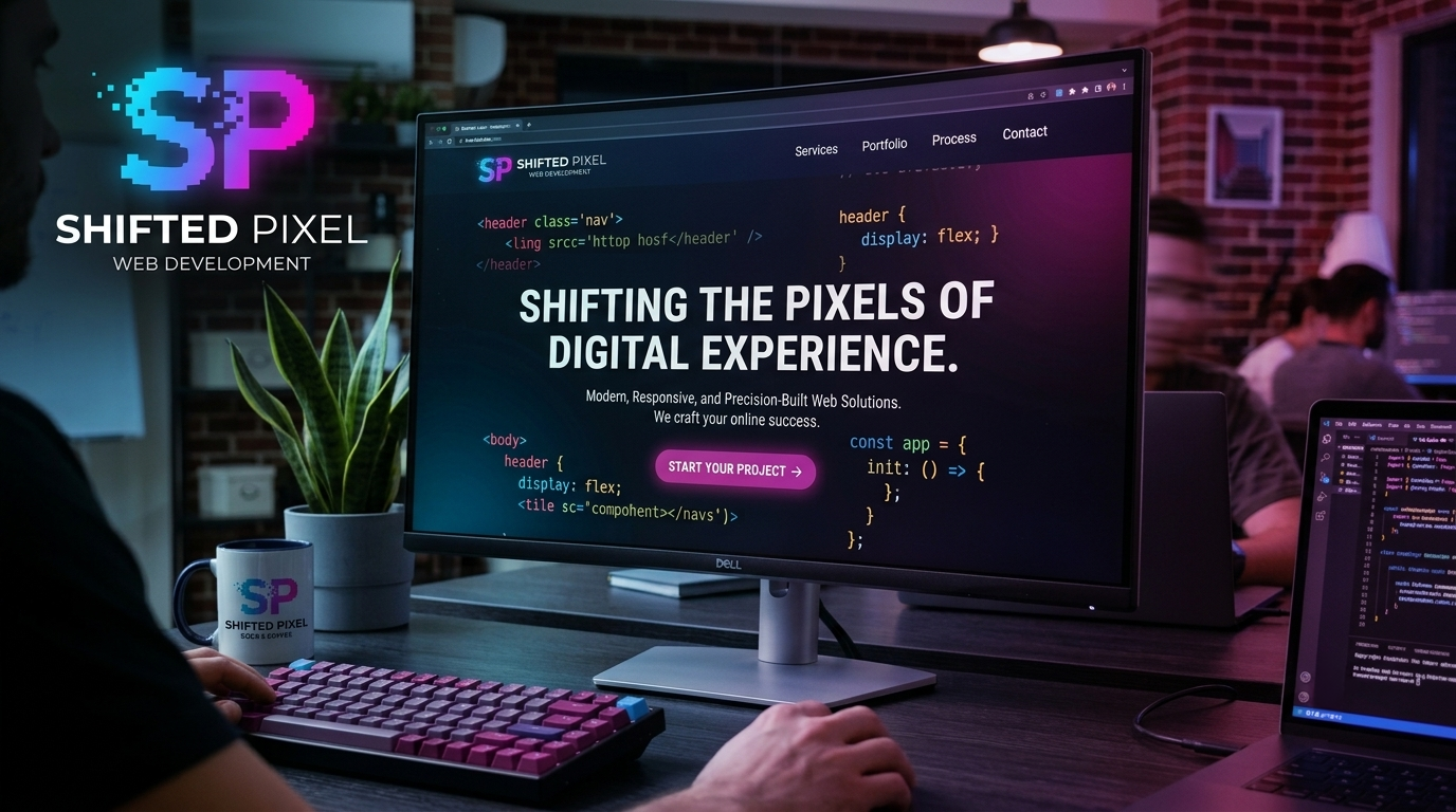 A focused developer crafting innovative digital solutions. The image shows a computer monitor displaying code alongside the inspiring text 'SHIFTING THE PIXELS OF DIGITAL EXPERIENCE'. A keyboard and mug add a touch of the creative process. Keywords: software development, web design, coding life, digital innovation, tech.